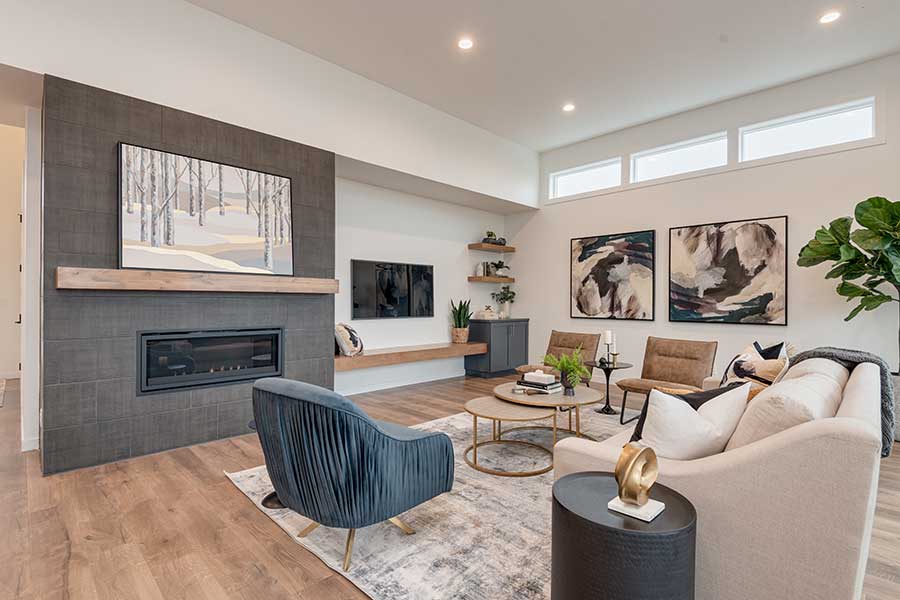 The Colby Custom Home Living Room with Fireplace
