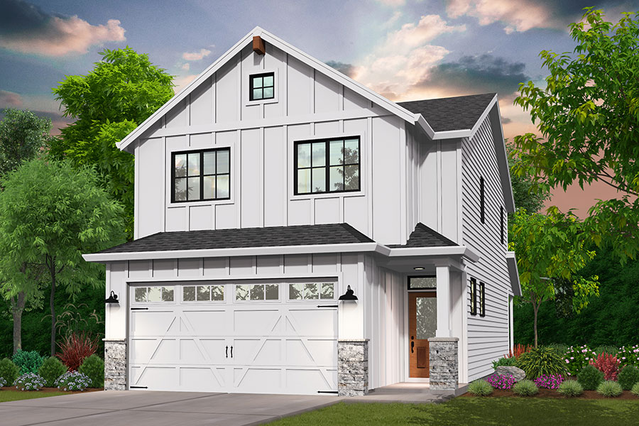 Rendering of Farmhouse elevation for Austin custom home floor plan