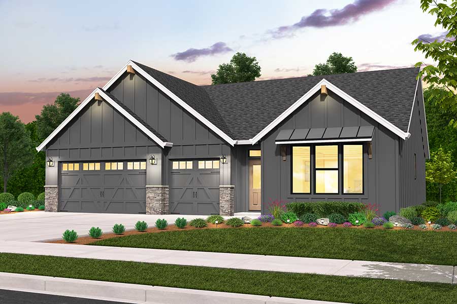 Rendering of farmhouse elevation for Dayton custom home plan
