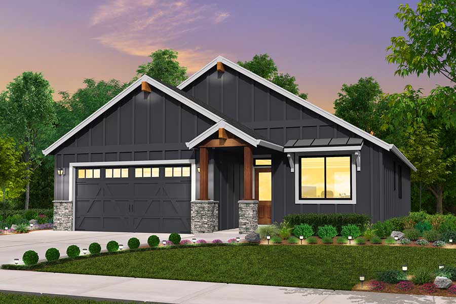 Rendering of Farmhouse elevation for Lewiston custom home plan