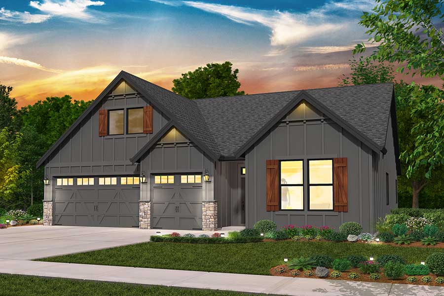 Rendering of the Farmhouse elevation for the Adrian custom home plan