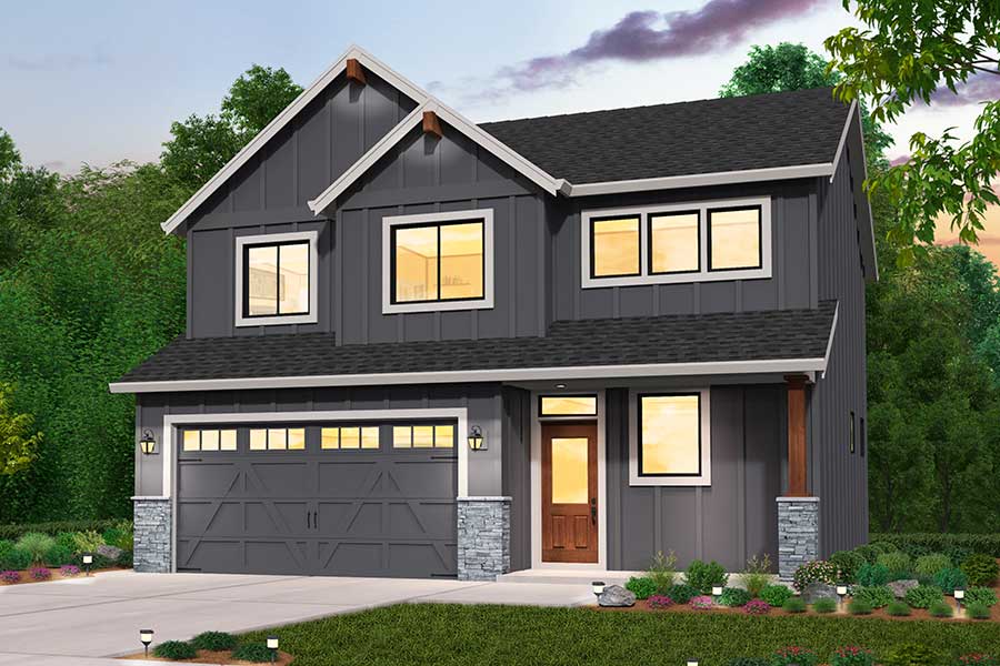 Rendering of Farmhouse elevation for Windsted custom home plan