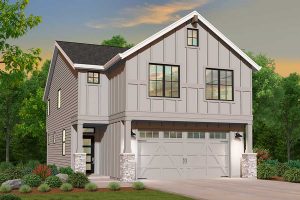 Rendering of Farmhouse elevation for Claremont custom home plan