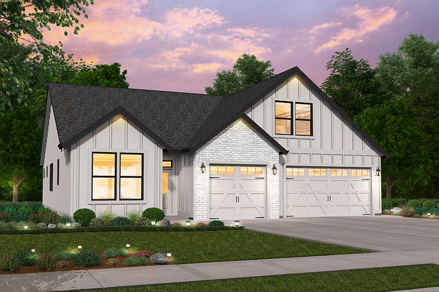 Rendering of Farmhouse elevation for Lakeville custom home plan