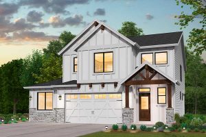 rendering of the Farmhouse elevation for the Alexandria Multigeneration custom home plan