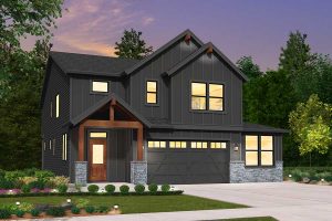 Rendering for the Farmhouse elevation for the Trimont custom home plan