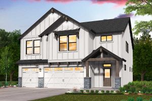 Rendering of the Farmhouse elevation for the Isabella custom home plan