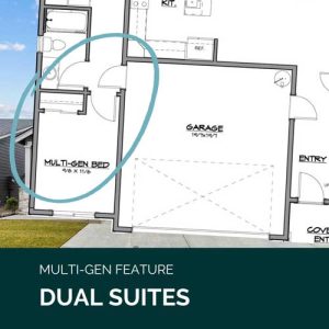 The ground floor of a multi gen floor plan is pictured with the entire ground floor suite circled. It is labelled "Multi-gen feature: Dual Suites."